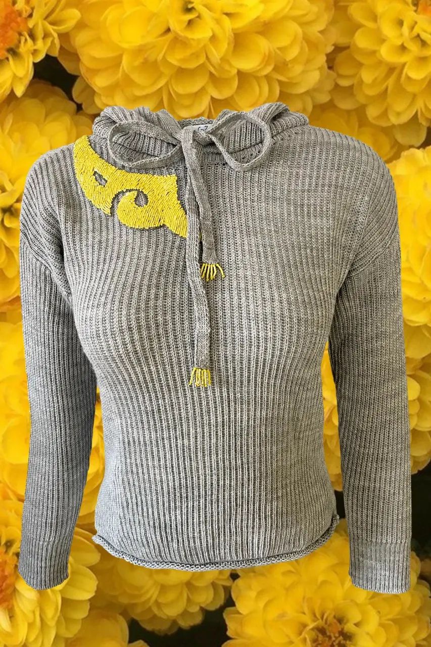 

Yellow Embroidered Detailed Gray Hooded Sweater