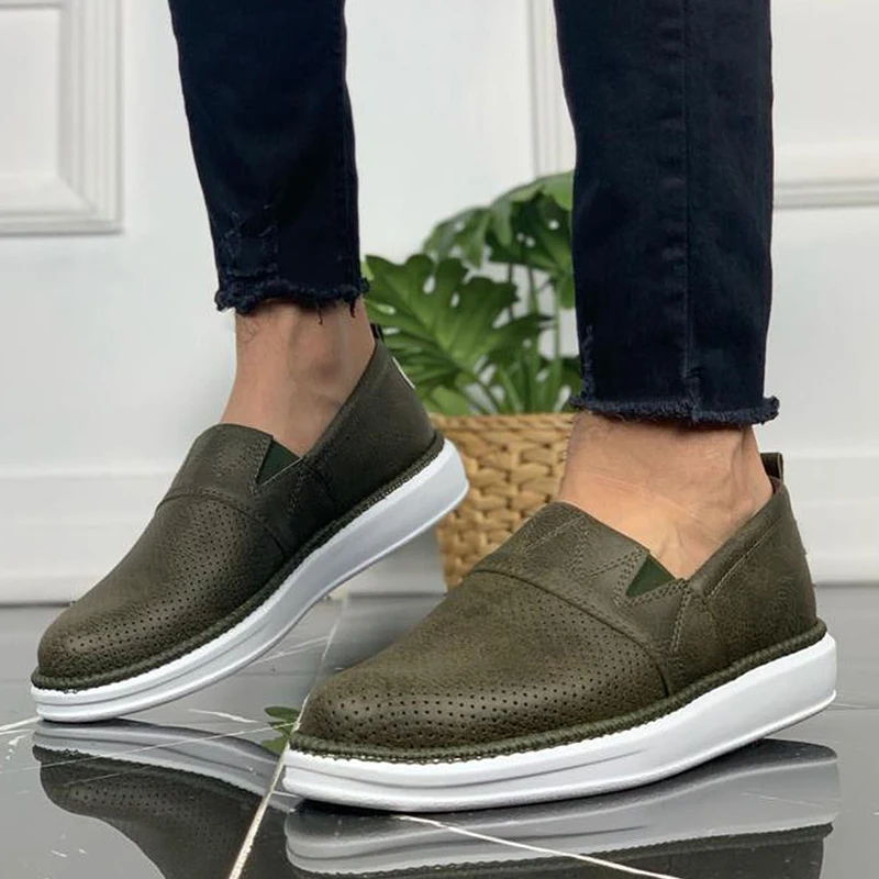 Chekich Men's Shoes Khaki Color Non Leather Slip On Spring and Autumn Seasons Sneakers Casual Breathable Business White Base Sewing Sole Lightweight Flexible Green Footwear Suits Formal Walking Comfortable CH091 V3