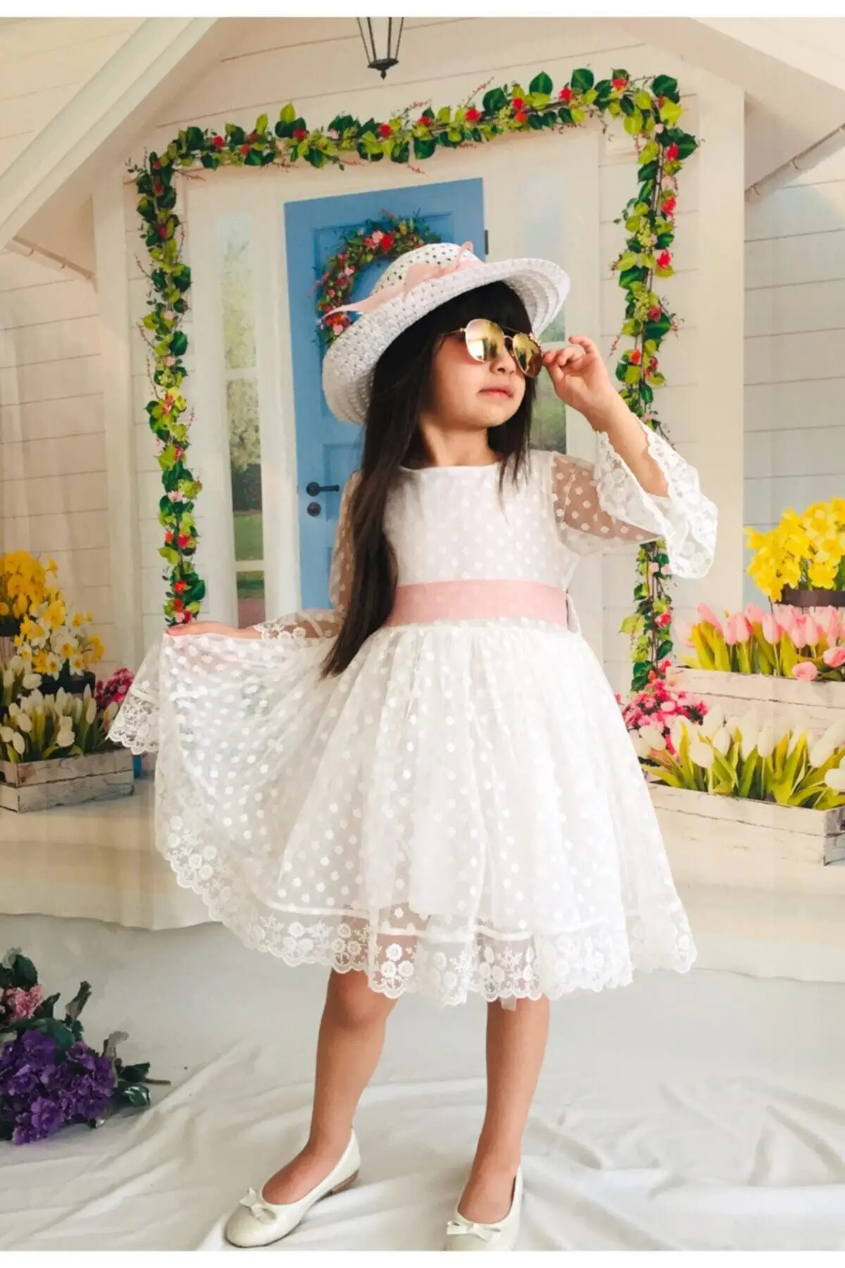 Girl Child White Hat Loose Princess Model Dress French Lace Buckle Female Child Dress wedding wedding birtday party