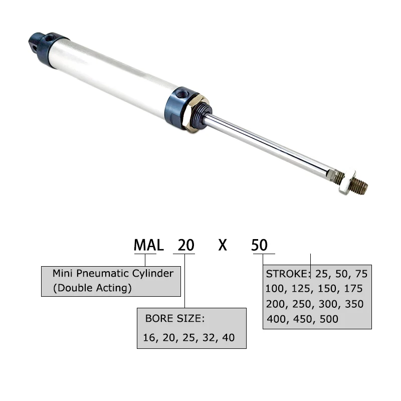 MAL 16/20/25/32/40mm Mini Pneumatic cylinder 25-500mm Stroke Double Acting Aluminum Alloy Air Cylinder