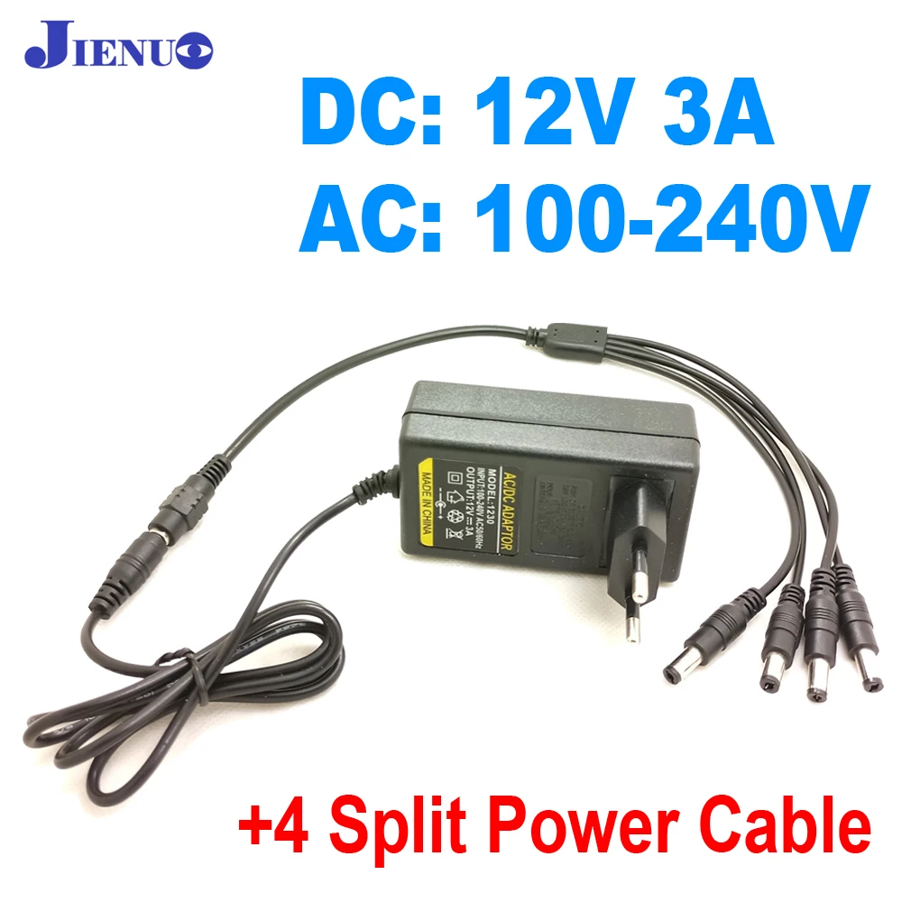 

JIENUO DC 12V 3A EU Plug AC/DC Power Adapter Supply + 4 Split Power Cable for CCTV Camera DVR NVR IP Camera AHD TVI CVI Analog