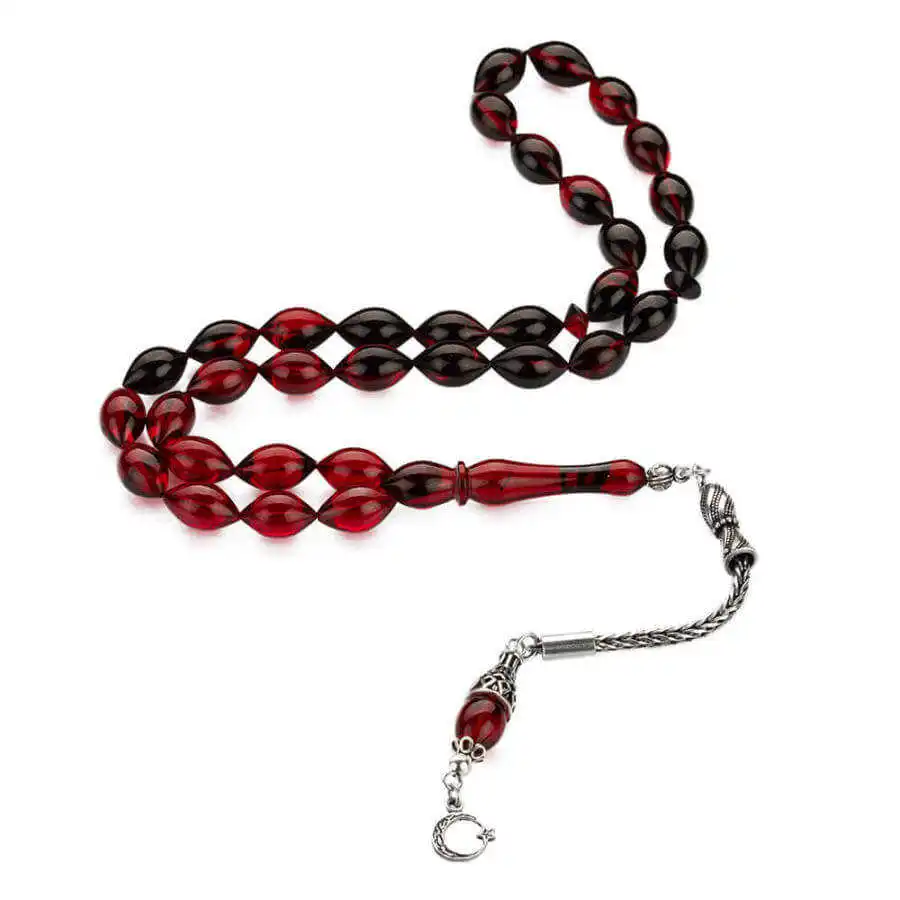 Dark Red Rosary (Tasbih) with 925 Sterling Silver Crescent Star Tassel