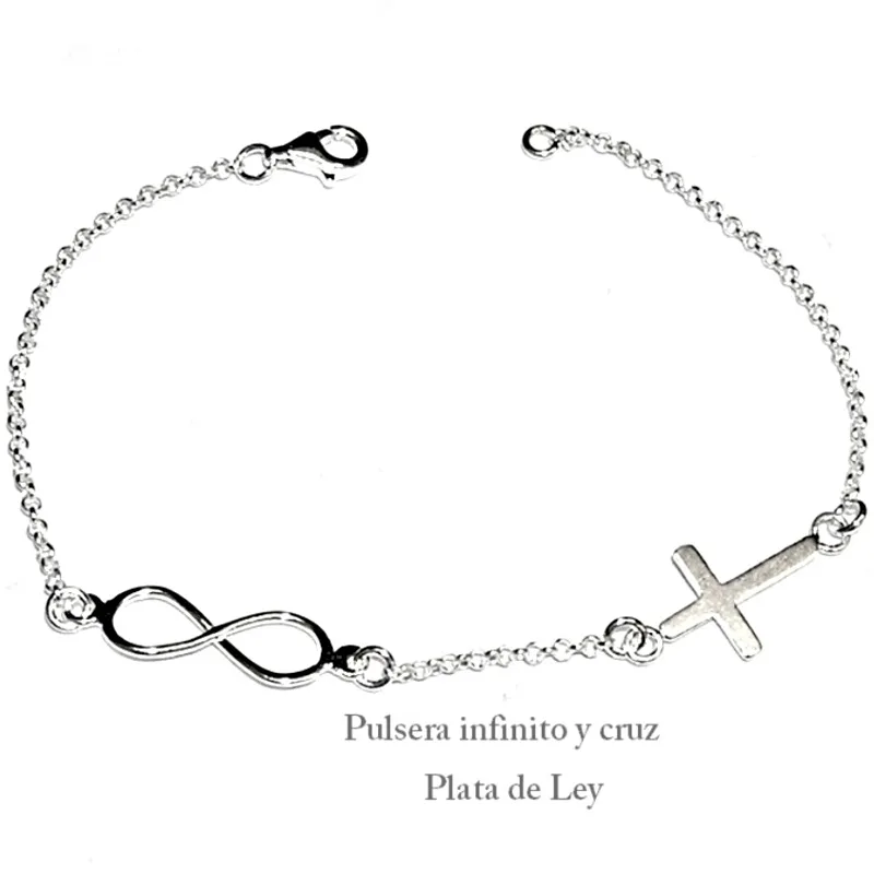 Infinity bracelet and horizontal cross all in 925 sterling silver fashion exclusive design. Infinity 2 cm and horizontal cross 2 cm. Case