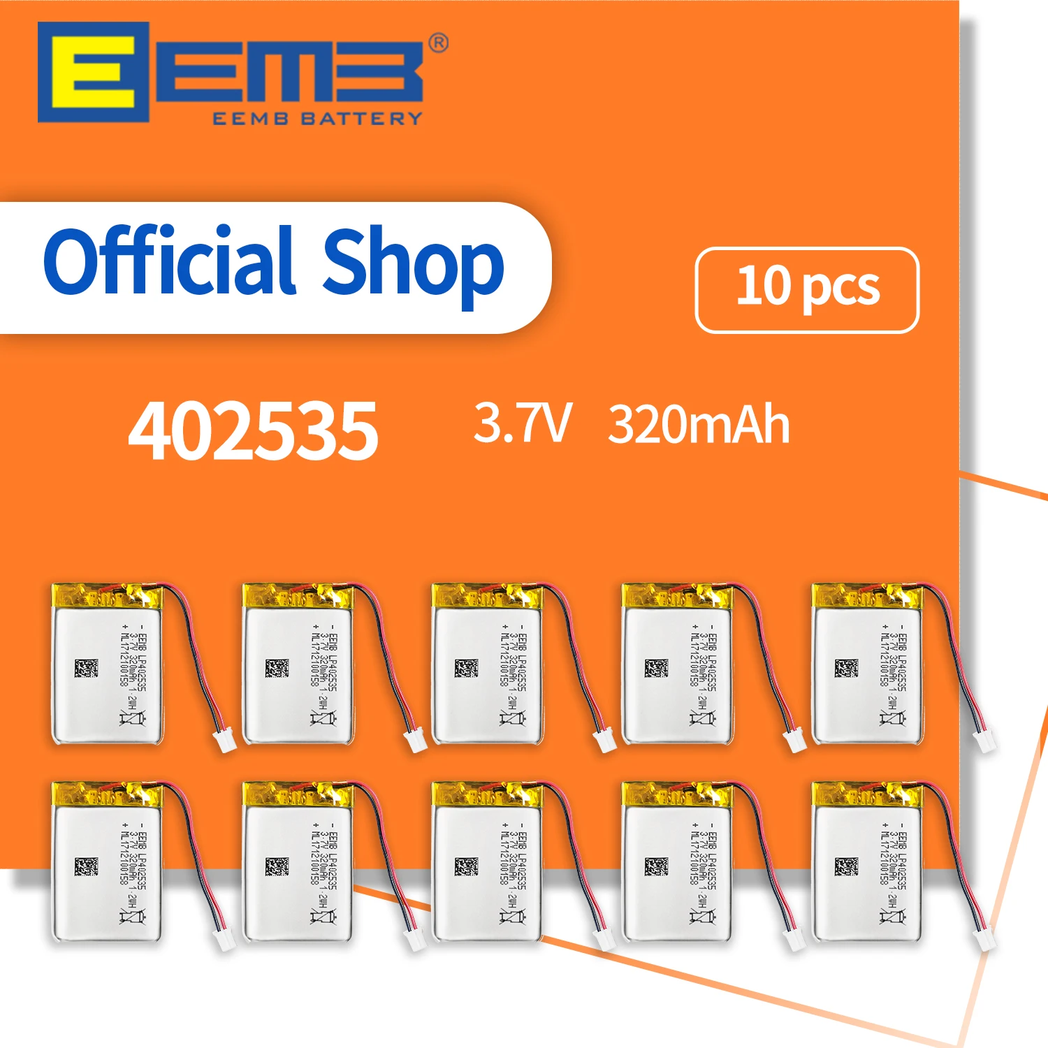 

EEMB 10Pack 3.7V Battery 300mAh 402535 Rechargeable Lipo Lithium Ion Polymer Battery for Cameras Computers Doorbell WiFi Headset