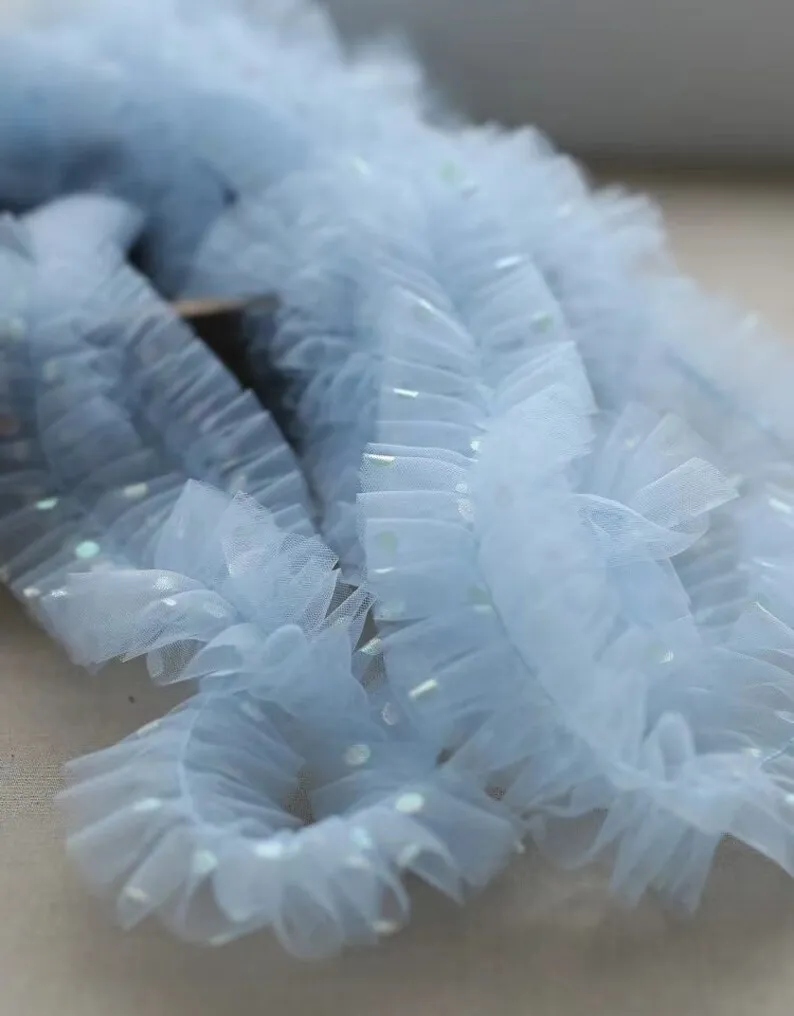 10 yards Light Baby Blue Tulle Ruffles Trim With Shiny Polka Dots, Frill Trim For Tutu, Dance Costume, Lingerie, Doll Dress