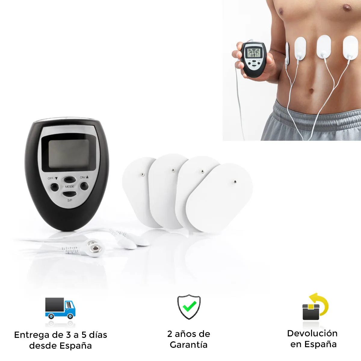 Muscle electrostimulator, training abdomen, chest, back, arm, gluteos, lumbar, legs, comfortable and compact design, portable, resistant, effective, muscle electrostimulator