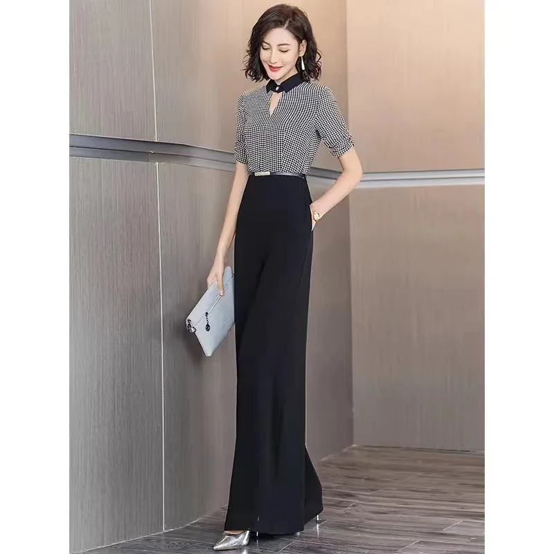 

2023 New Women's Summer Pants Skirt Set Black Lattice Stitching Fashion One-piece Pants Long Jumpsuit Women's Wear