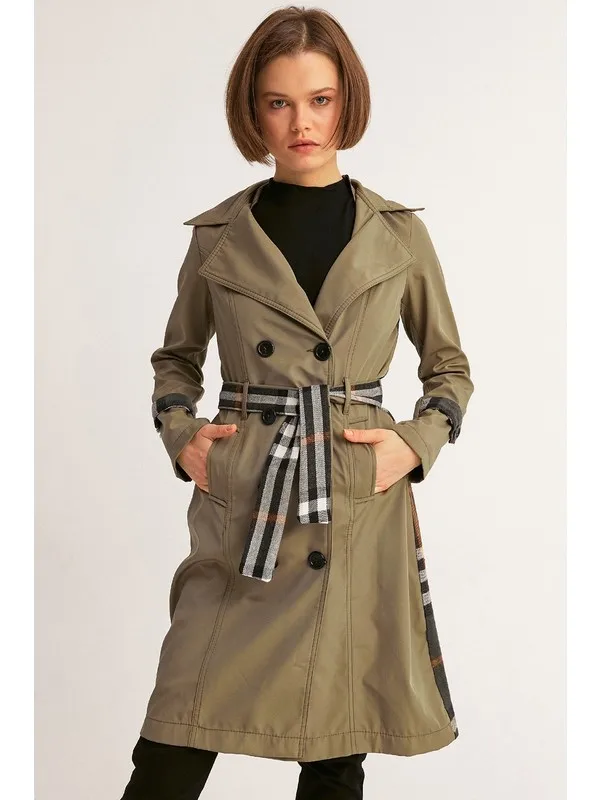 Causal light tan autumn women trench coat Split joint elegant long sleeve coat Plaid long coat with belt windbreaker