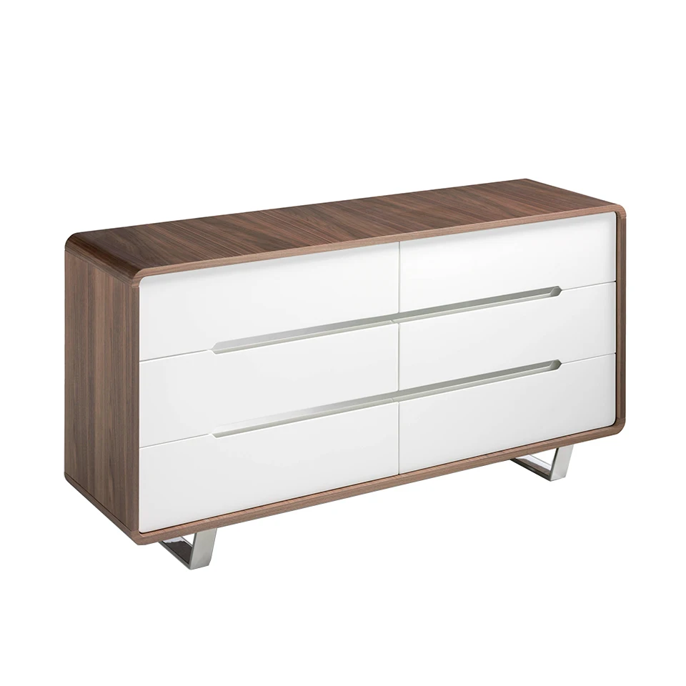 Comoda 7106 Angel sow-comfortable walnut-plated wood with six drawers in DM lacquered white glitter. Chrome stainless steel nuggers and legs.