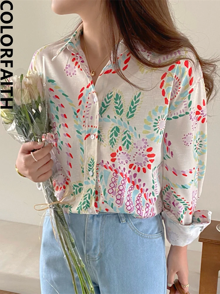 Colorfaith New 2022 Fashion Shirts Print Floral Vintage Women Spring Summer Retro Elegant French Style Blouses Lady Tops BL1562