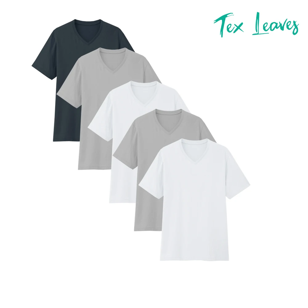 PACK 5-TEX LEAVES-men's short sleeve V-neck T-shirt, 100% organic cotton. Summer-Autumn, smooth, soft