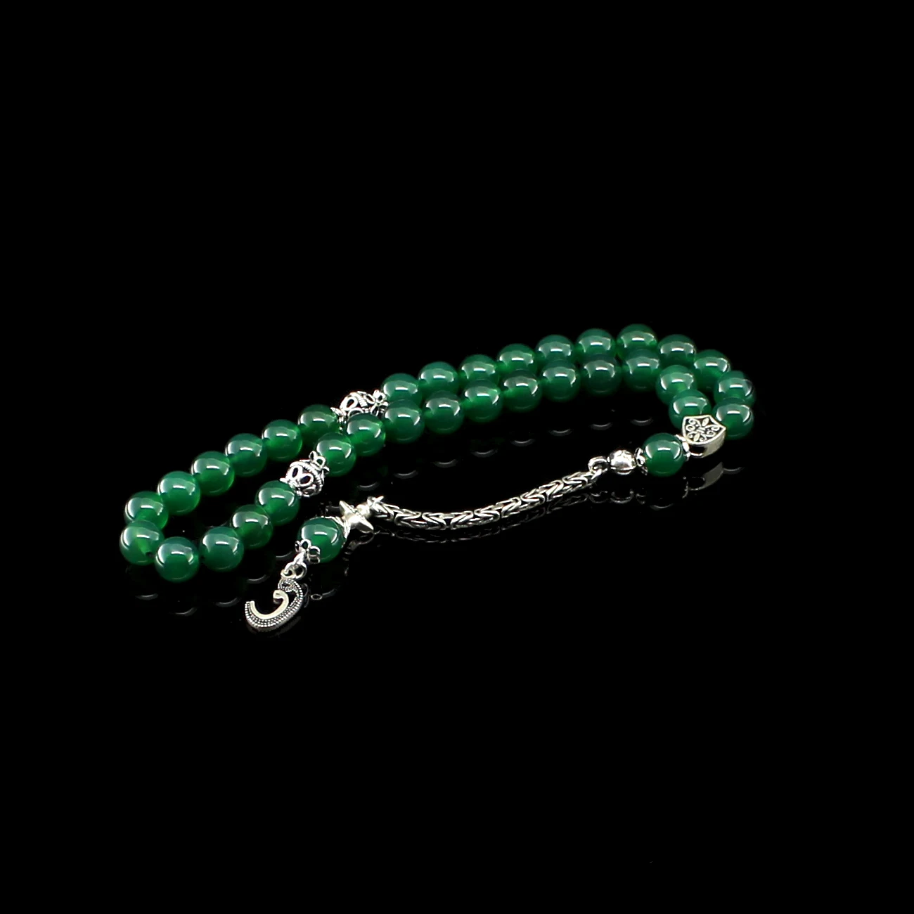 Pukka 33 Beads Agate Stone Muslim Prayer Tasbih Misbaha Islamic Jewelry Subha Capsule Cut Tassel 925 Caliber Silver