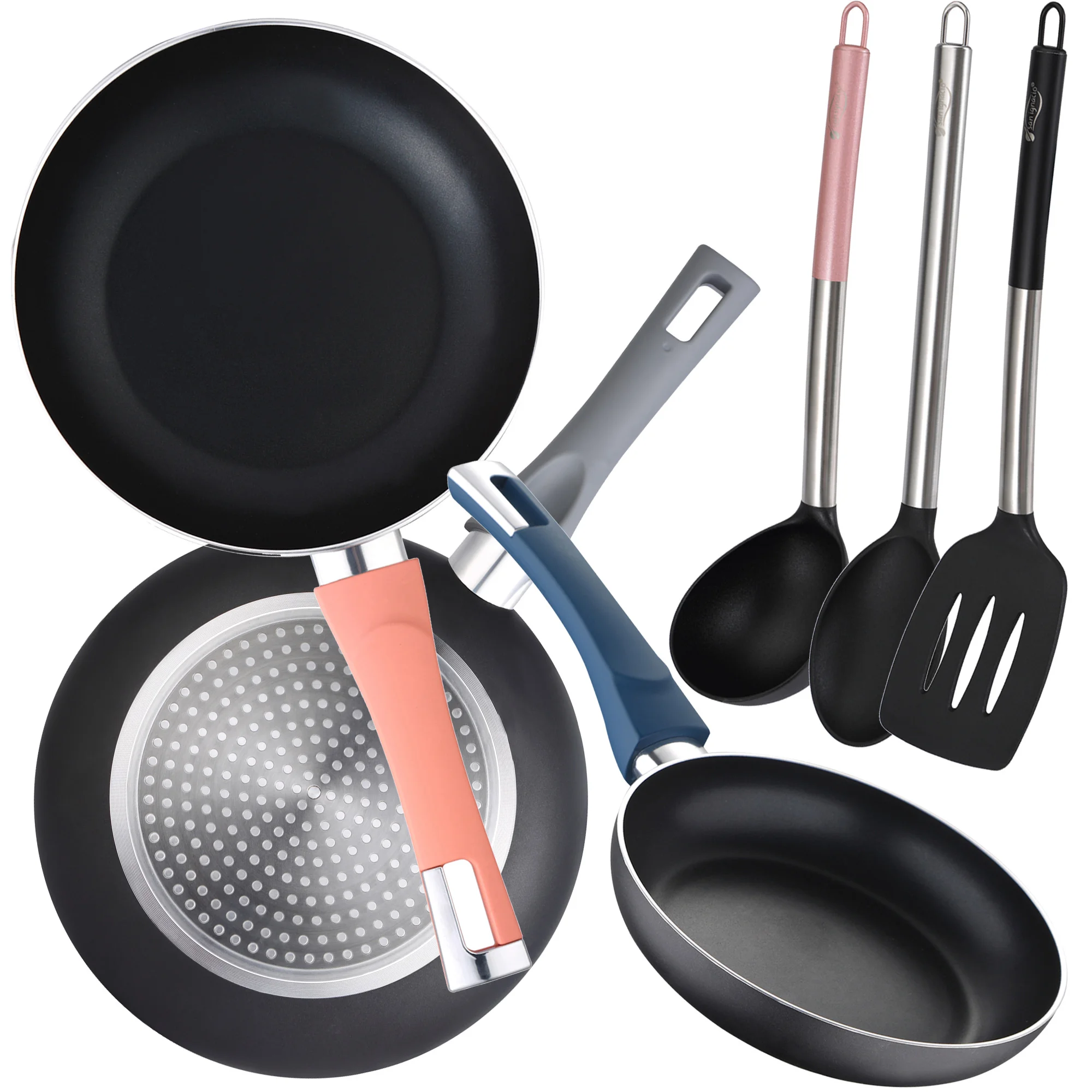 Set of 3 BERGNER pressed aluminium (18,20,24cm) pans with 3 kitchen utensils in nylon