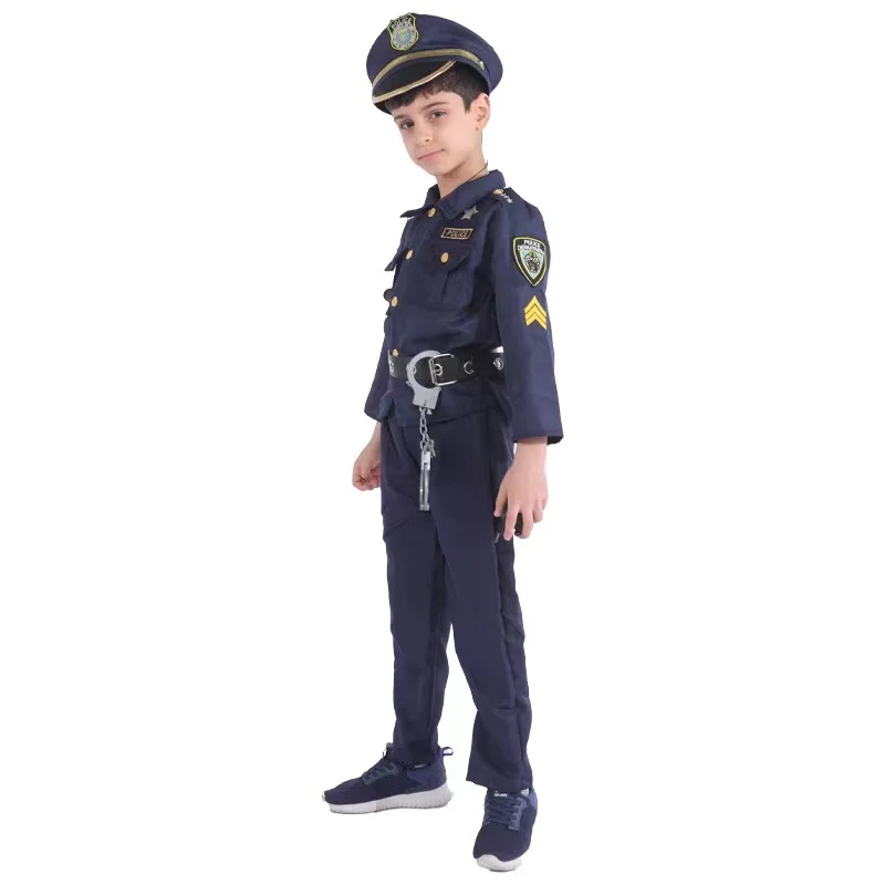 Children Police Cosplay Costume Halloween Carnival Party Role Play Clothing Hat Holster Handcuff Full Walkie-talkie Whistle Set