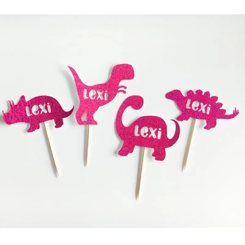 

Custom Dinosaur Glitter Cupcake Toppers, Baby Shower, Colorful milestones, Birthday Food Toothpicks, Any Tex, Set of 12