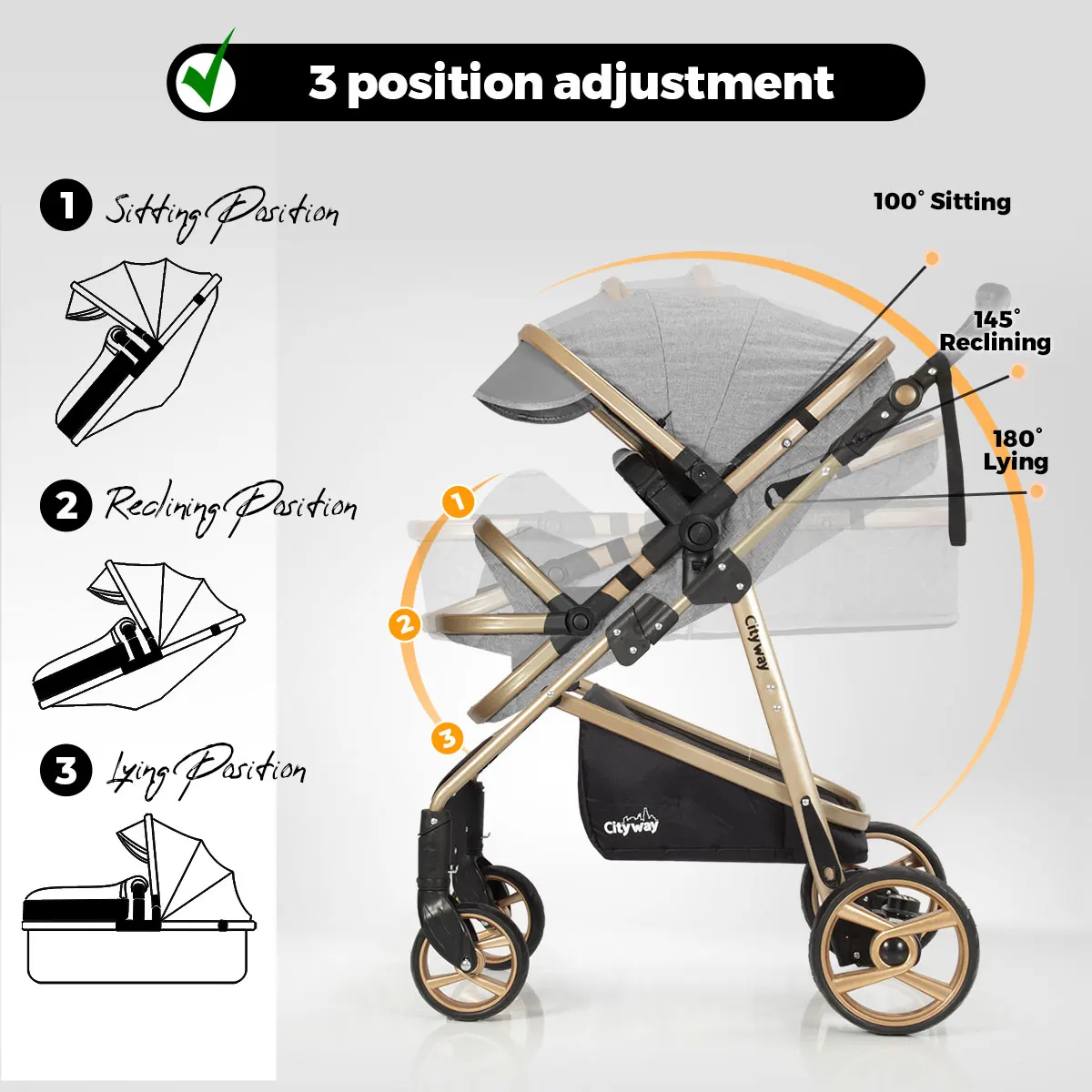 Baby stroller Kiwi City Way 5 in 1 Stroller, Carry Cot, Carrying Seat, Nursing Bag, Raincoat,