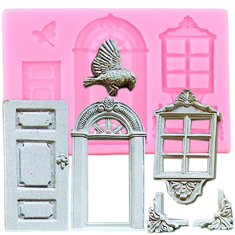 Fairy Garden Fountain Bridge Bench Silicone Mold Door Window Fondant Molds Cake Decorating Tools Chocolate Dessert Candy Moulds