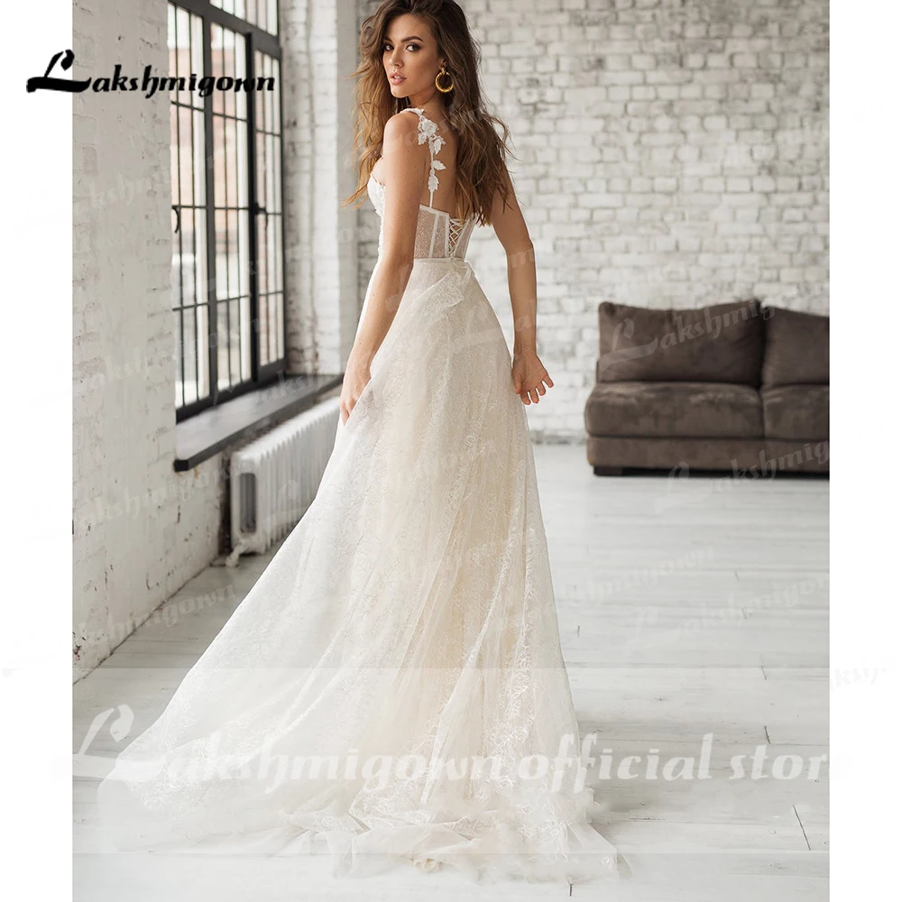 Customized Champagne Lace Wedding Dress Boning Corset Closure New A Line Backless Spaghetti Straps Plus Size Bridal Gowns