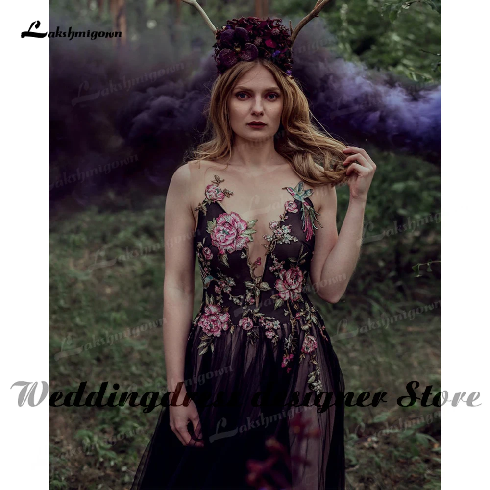 Sexy Zwart Kant Jurk Met Open Achterkant Hals Bloemen Applicaties Boho Gothic Trouwjurk Strand Zwarte Avondjurk