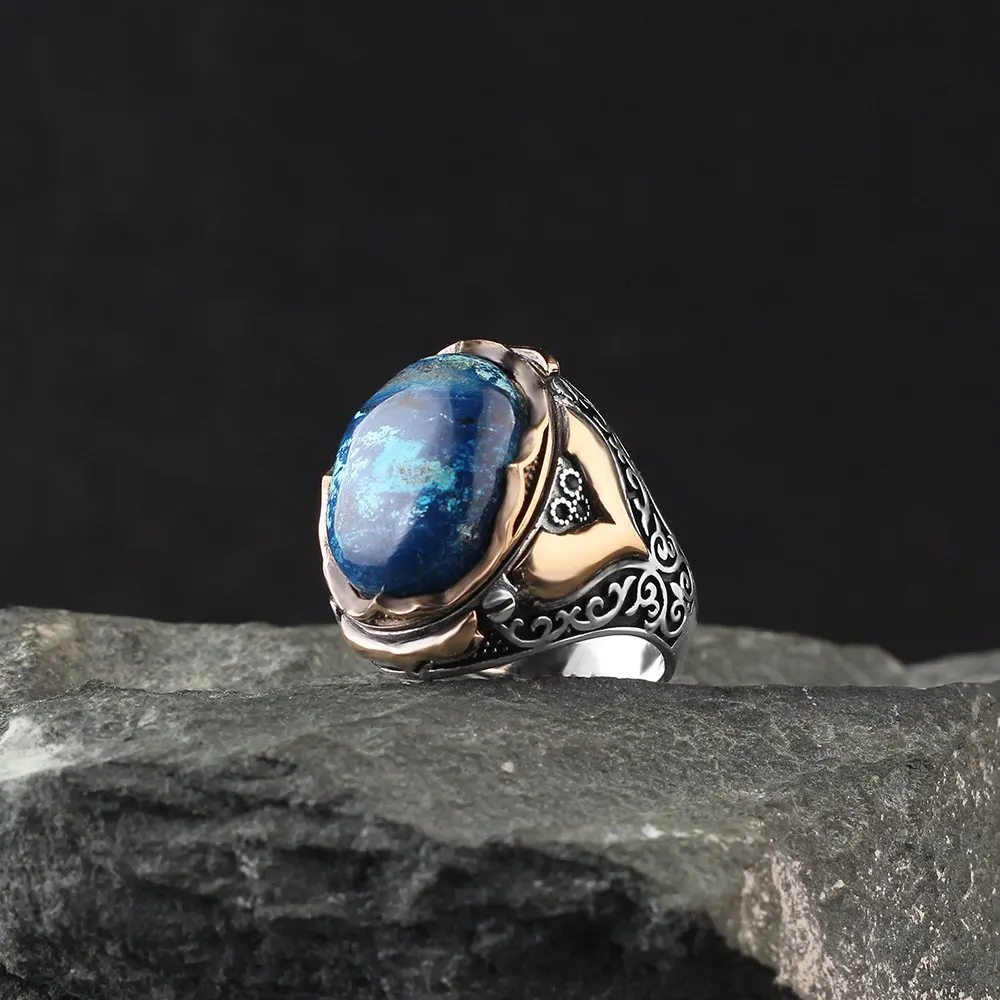 Free Shipping MEN 'S 925 Sterling Silver Ring, Azurite Gemstone, Real Natural Stone For Men, Gift Jewelry, made in Turkey, Trend Fashion