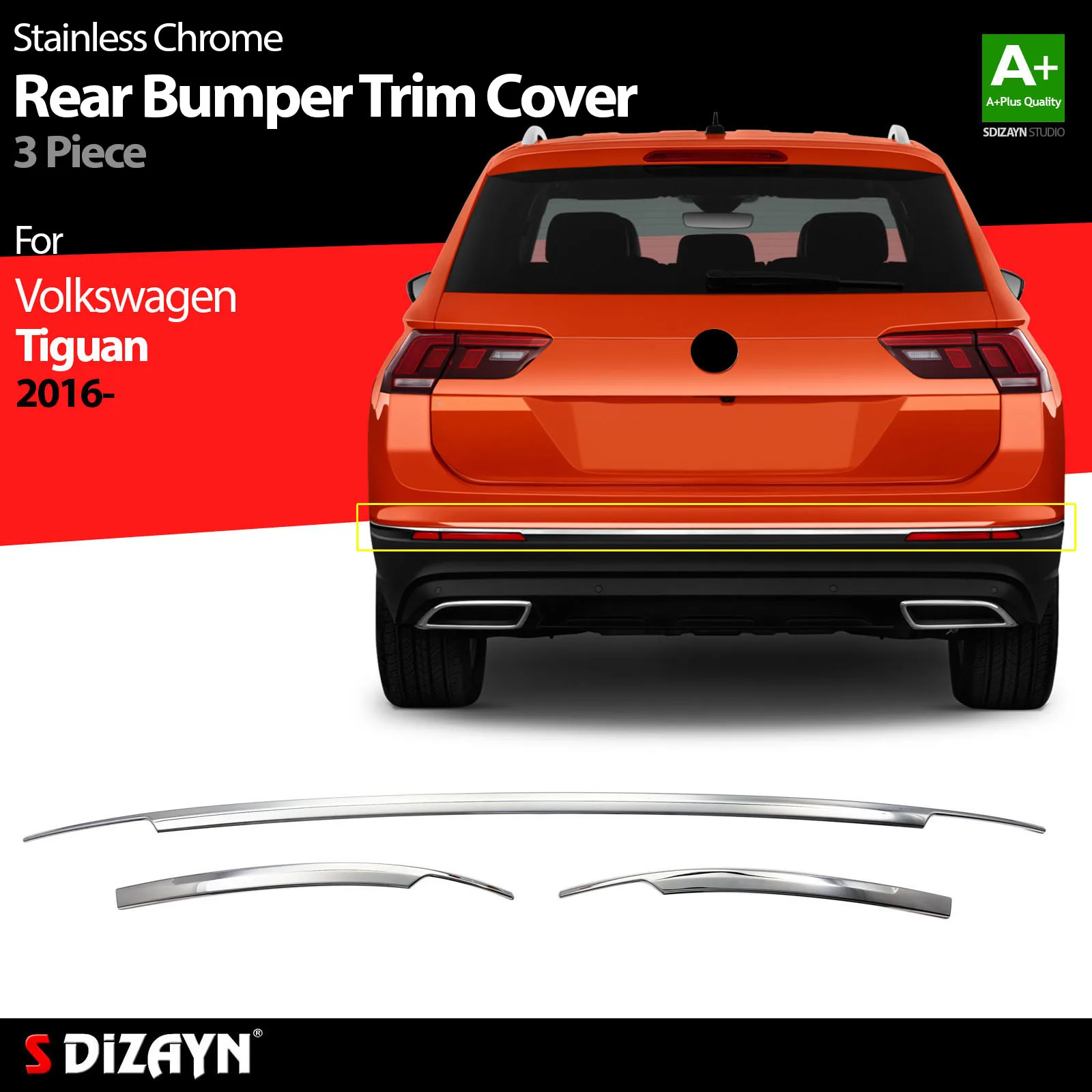 S Dizayn For Volkswagen Tiguan MK2 Chrome Rear Bumper Trim Stainless Steel 3 Pcs VW Exterior Car Accessories Parts Auto Products