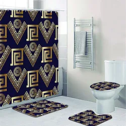 Luxury 3D Gold Greek Key Meander Ornament Shower Curtain Set for Bathroom Modern Rich Abstract Geometric Mat Toilet Accessories