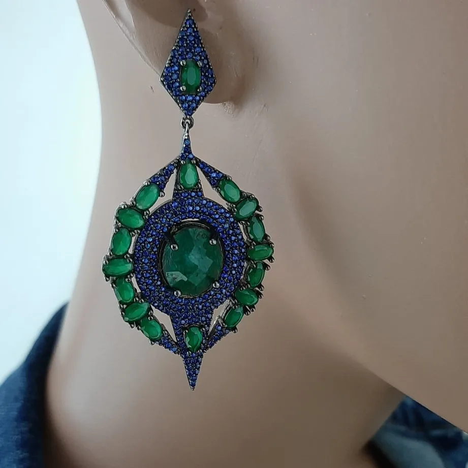 925 Sterling Silver Green and Blue Stone Statement Long Big Boho Cute Dangle Stud Earrings серьги с камнями 925