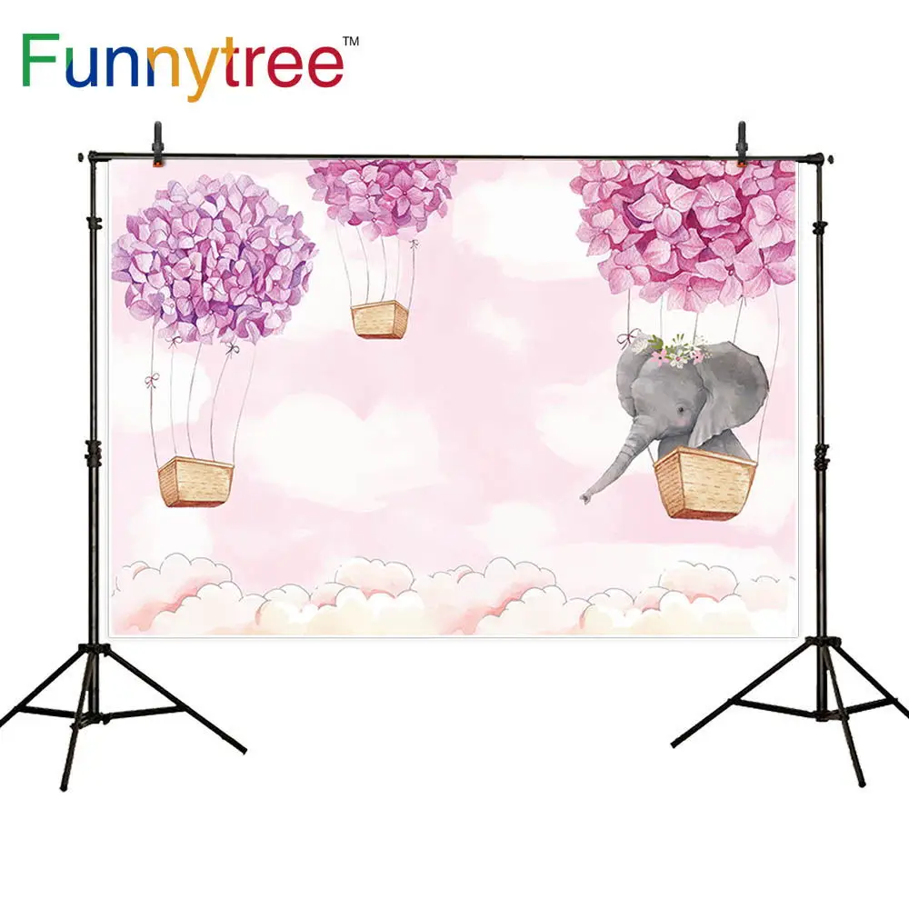 Funnytree Birthday Background for Photo Pink Girl Elephant Flower Hot Air Balloon Baby Shower Backdrop Photography Photophone