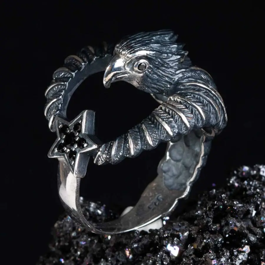 

3D Falcon Silver Men's Ring with Mini Black Stones Fashion Turkish Premium Quality Handmade Jawelery