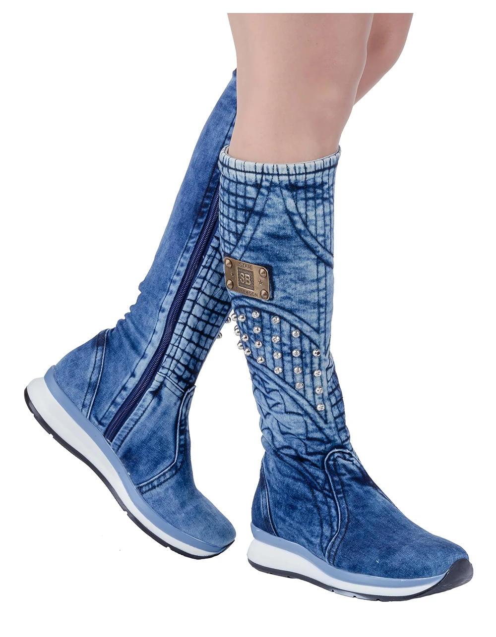 Jeans Boots Handcrafted Sexy Design Blue Pattern Embroidered Jeans Women\'s Boots Birthday Gift  /Women\'s shoes, denim shoes