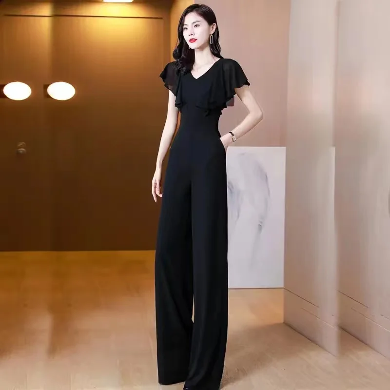 Estate 2022 nuovi pantaloni monopezzo Top in Chiffon nero da donna manica lunga pantaloni larghi sottili tuta femminile