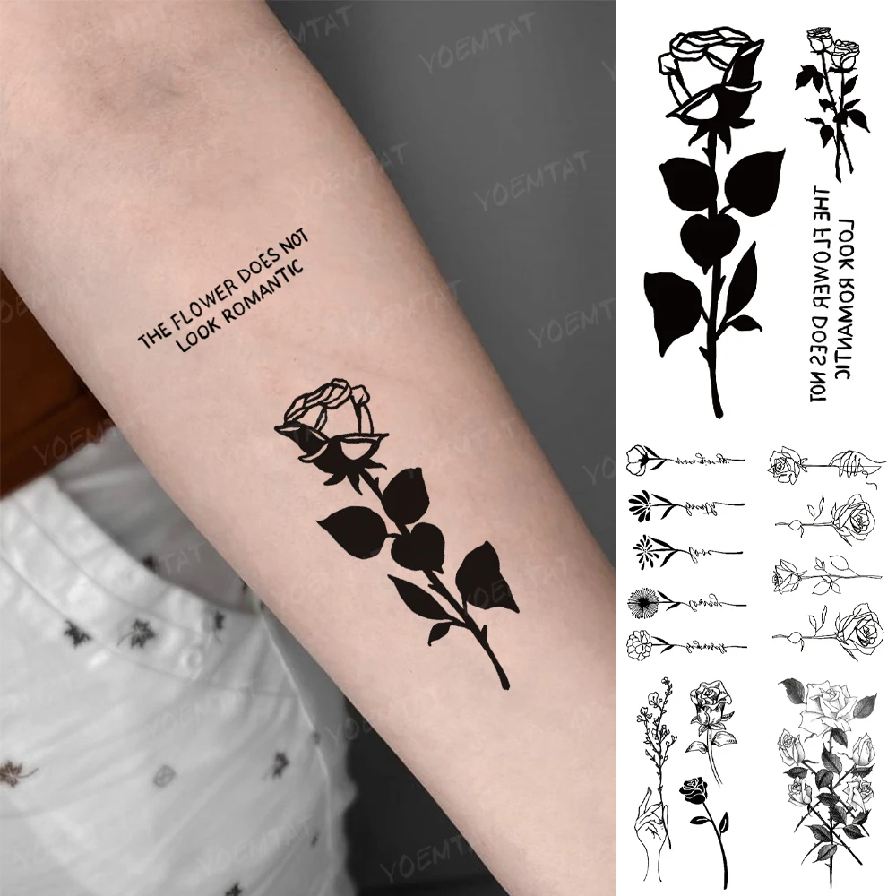 

Waterproof Temporary Tattoo Sticker Rose Flower Black Word English Letter Flash Finger Tatoo Woman Arm Body Art Fake Tatto Man