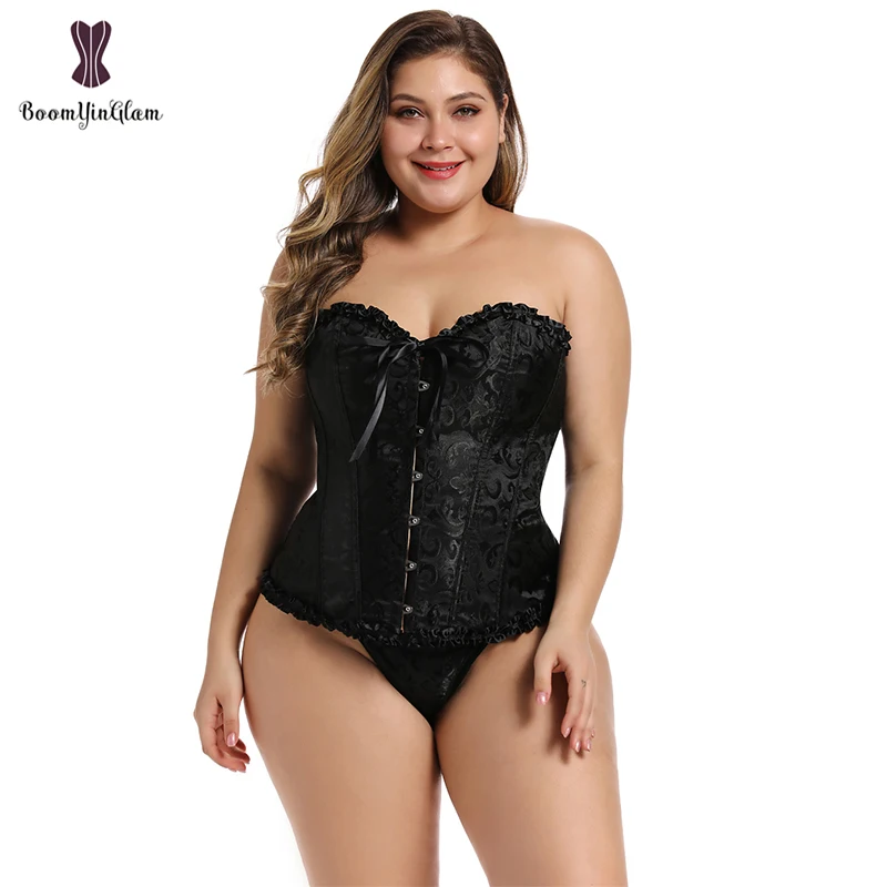 Corset bustier gothique sexy à lacets pour femmes, surbuste désossé, entraîneur de taille, broderie florale, lingerie, string, haut, grande taille