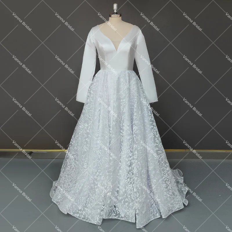 Lange Mouwen Satijn Kant Trouwjurk Elegante 2021 Nieuwe Een Lijn V-hals Backless Handgemaakte Plus Size Custom Made White Bridal jassen