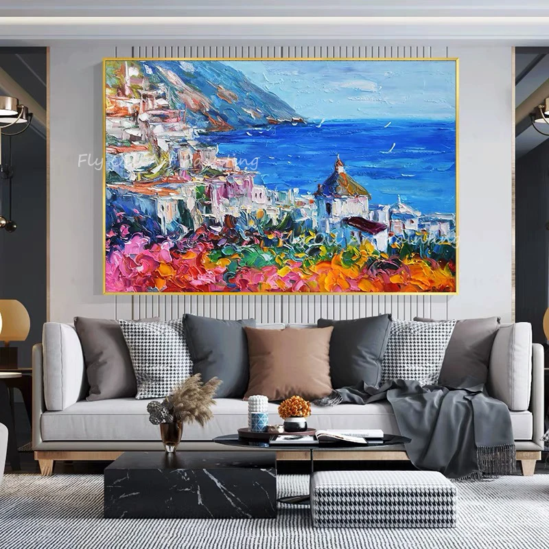 

Large Size 100% Handpainted colorful ocean seaside flower thick landscape beautiful scenery oil painting for office living room