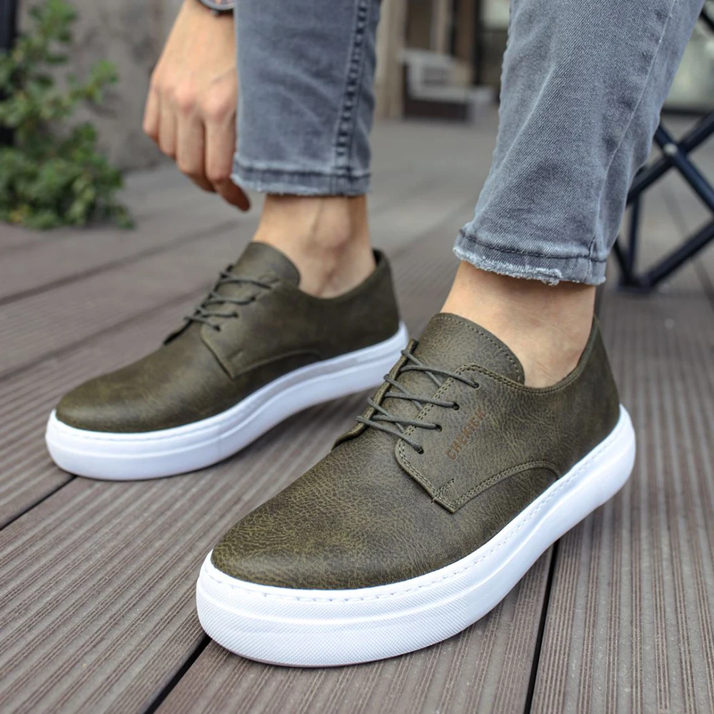 Chekich Men's Shoes Khaki Non Leather Laces Fall & Summer Season Sneakers Casual Vulcanized Comfortable New Fashion Wedding Dark Green Suits Lightweight Air Walking Height Increased Odorless Breathable CH005 V3