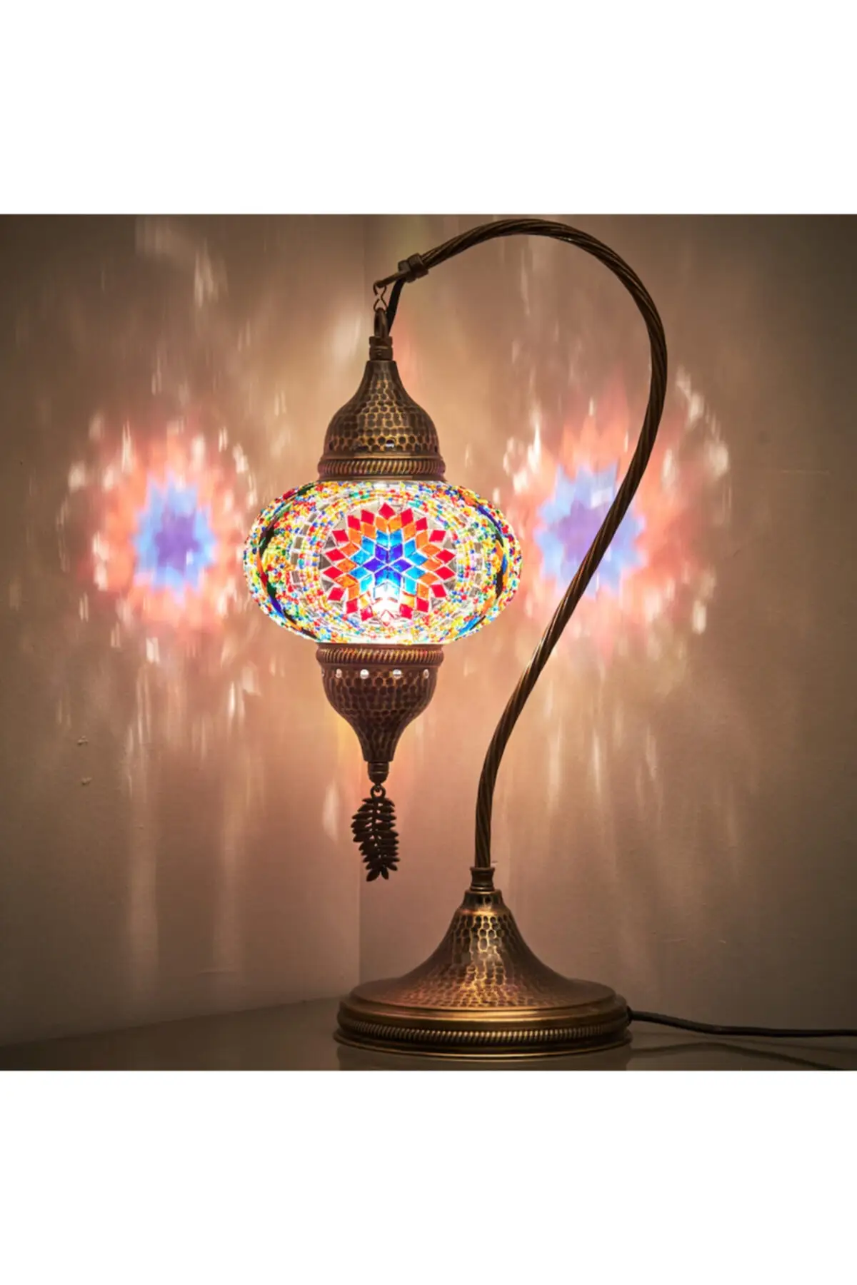 Handmade Hammer Forged Body Mosaic Authen tic Colored Glass Table Night Light Lampshade, 48cm Size * FAST DELIVERY * FROM TURKEY