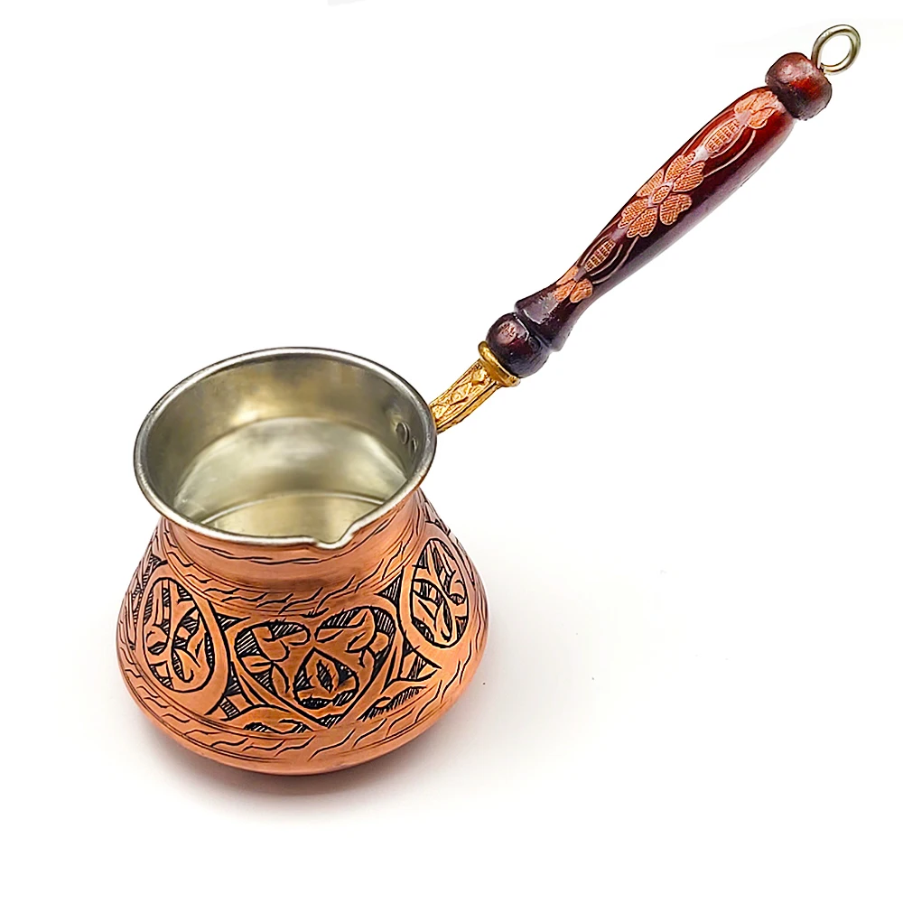 13.50 Oz Medium Coffee Pot - Coffee Maker with Embroidered Wooden Handle 4 People Handmade Cezve Ibrik Brik (Copper)