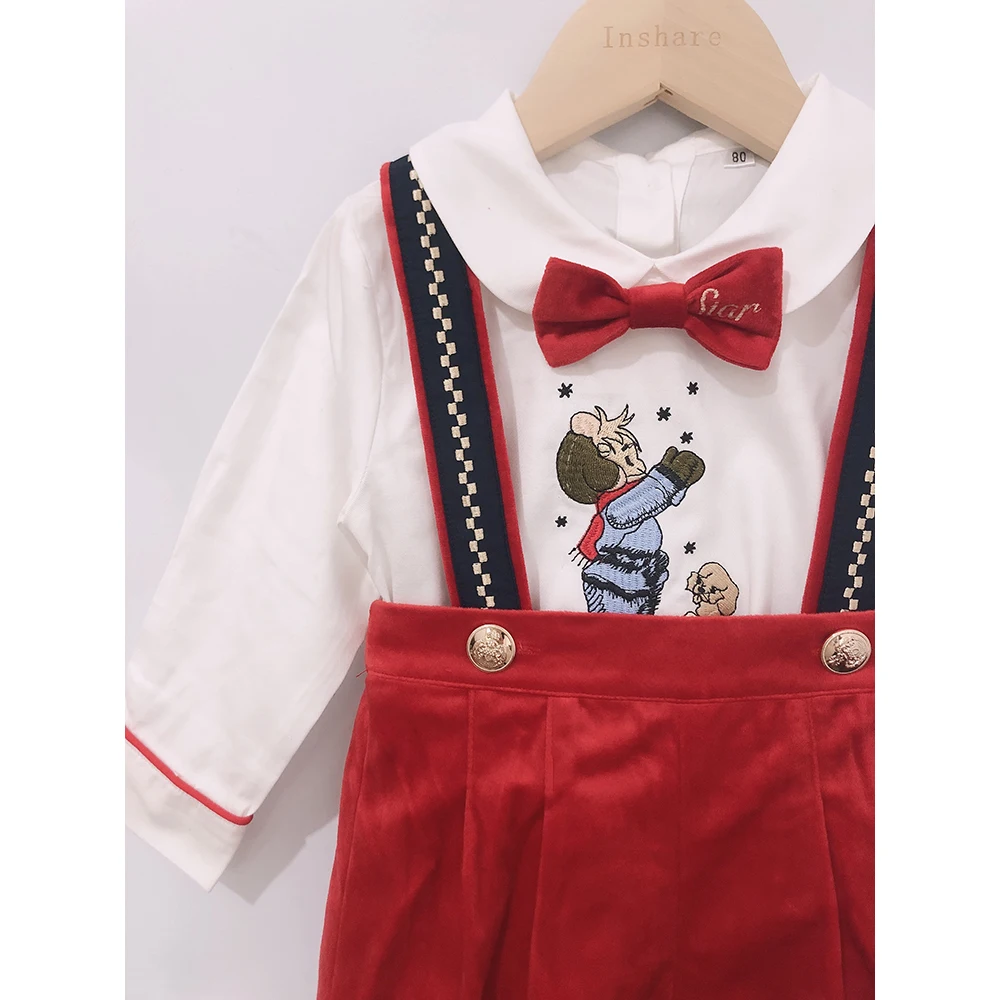 2Pcs Children Boutique Clothing Boys Birthday Party Set Long Sleeve Cartoon Embroidered Shirt Straps Shorts BABI Lovely Suit