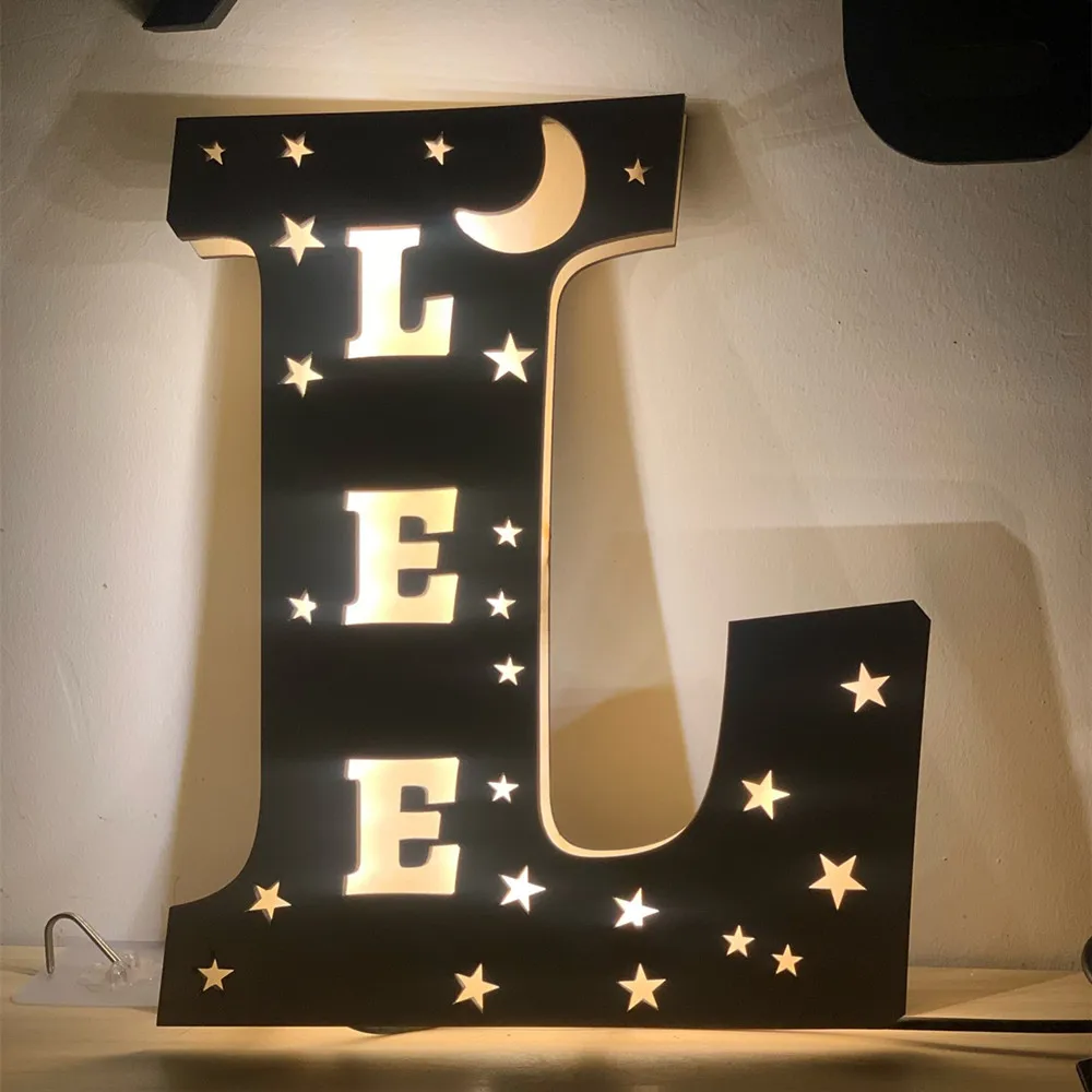 Custom Name Wall Decor LED Wall Lamp 26 Letter Hollow With Stars Moon For Couples Baby Kids Bedroom Personalized Wooden Light