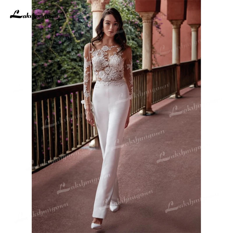 Charming Long Sleeves Lace Jumpsuits Wedding Dresses With Detachable Train Soft Satin White bridal gown Vestido De Noiva 2023