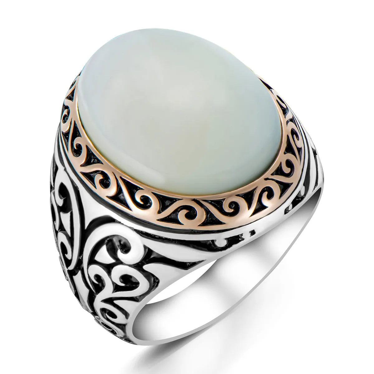 925 Sterling Silver White Mother of Pearl Stone Men\'s Ring Exclusive Accessory for Men Special Design Ring Made in Turkey