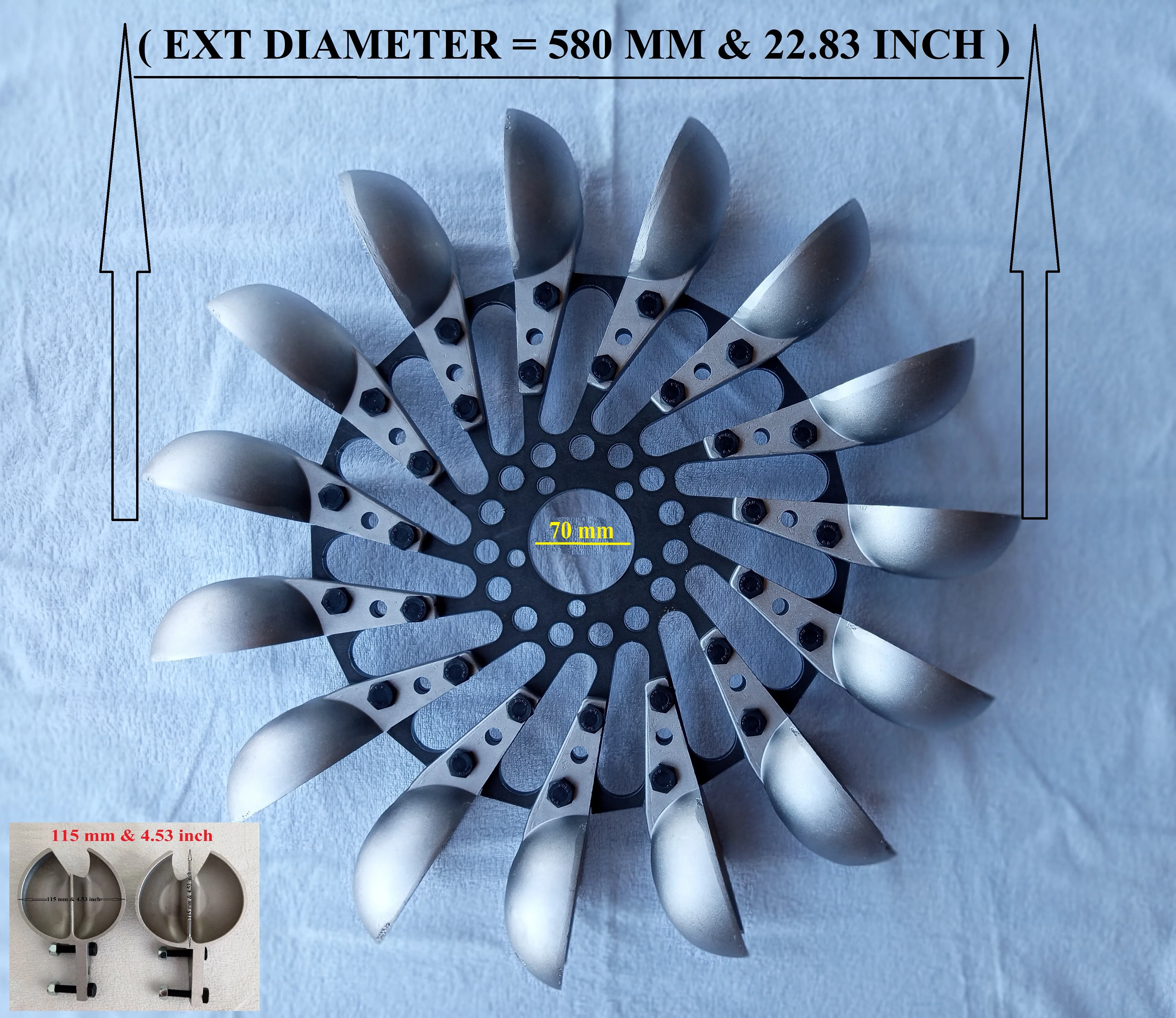 

Pelton Water Turbine Wheel With 15 Aluminum Spoon, External Diameter = 580 mm & 22.83 inch