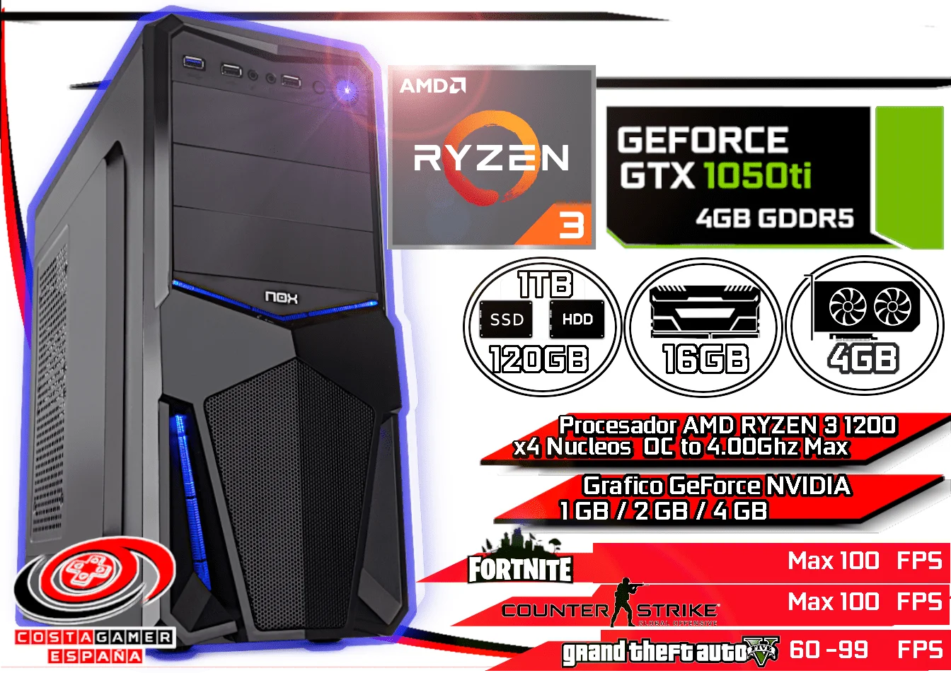 Computer Pc Gamer studio work AMD Ryzen 3 16GB Ram DDR4 120GB SSD + 1TB HDD + WIFI + GeForce NVIDIA + WIN10