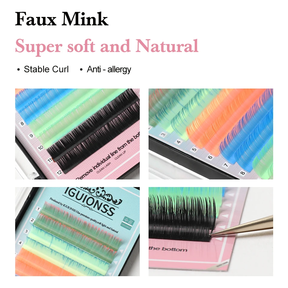 NEW IGUIONSS Mix Color Eyelashes Make up UV Neon Lash Soft Natural Synthetic Mink Rainbow Eyelash Cilios 6 Colors Mixed