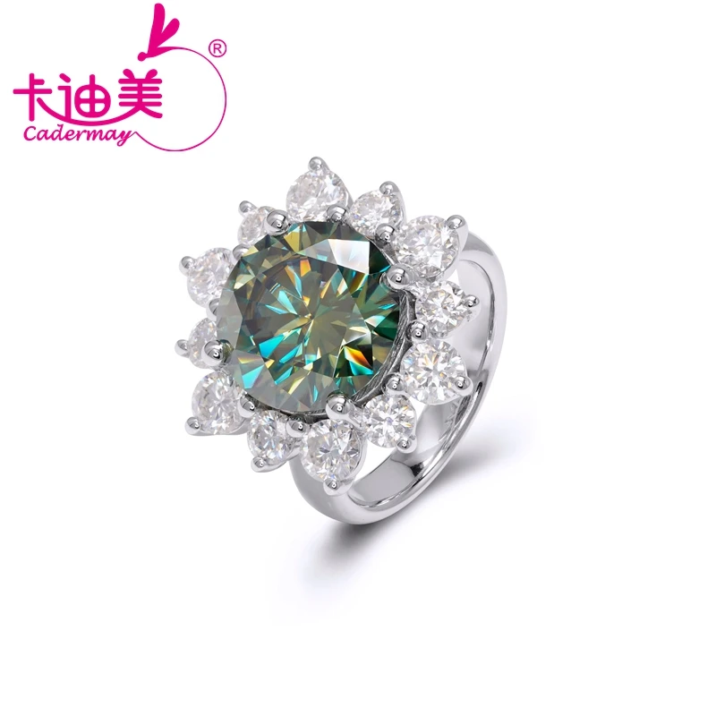 

CADERMAY Unique Style S925 Sterling Silver Rings for Women 12mm Yellow Green Sunflower Shape Moissanite Fine Jewelry Gift