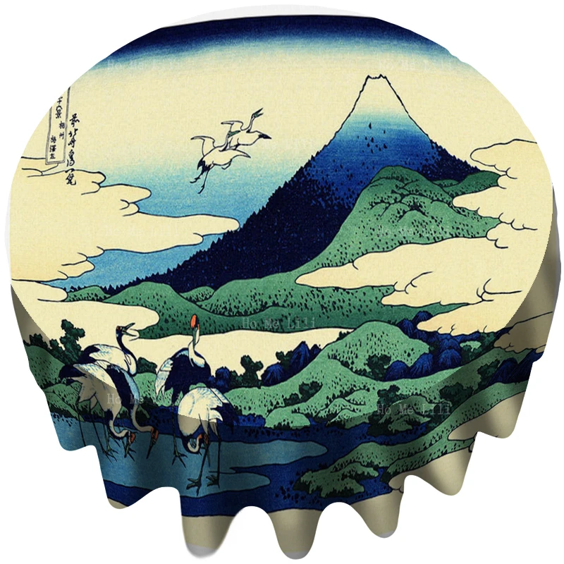 

Red Crowned Cranes Vintage Japan Ukiyoe Mount Fuji Landscape Waterproof Round Tablecloth By Ho Me Lili Tabletop Decor