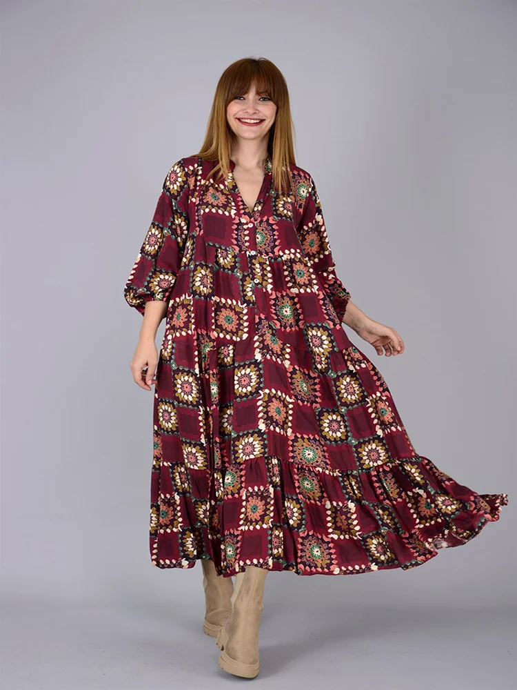 

Bouquet Patterned Flywheel Long Dress 2022 New Fashion Women's Clothing Earth Tones Claret Red And Brown Color Options