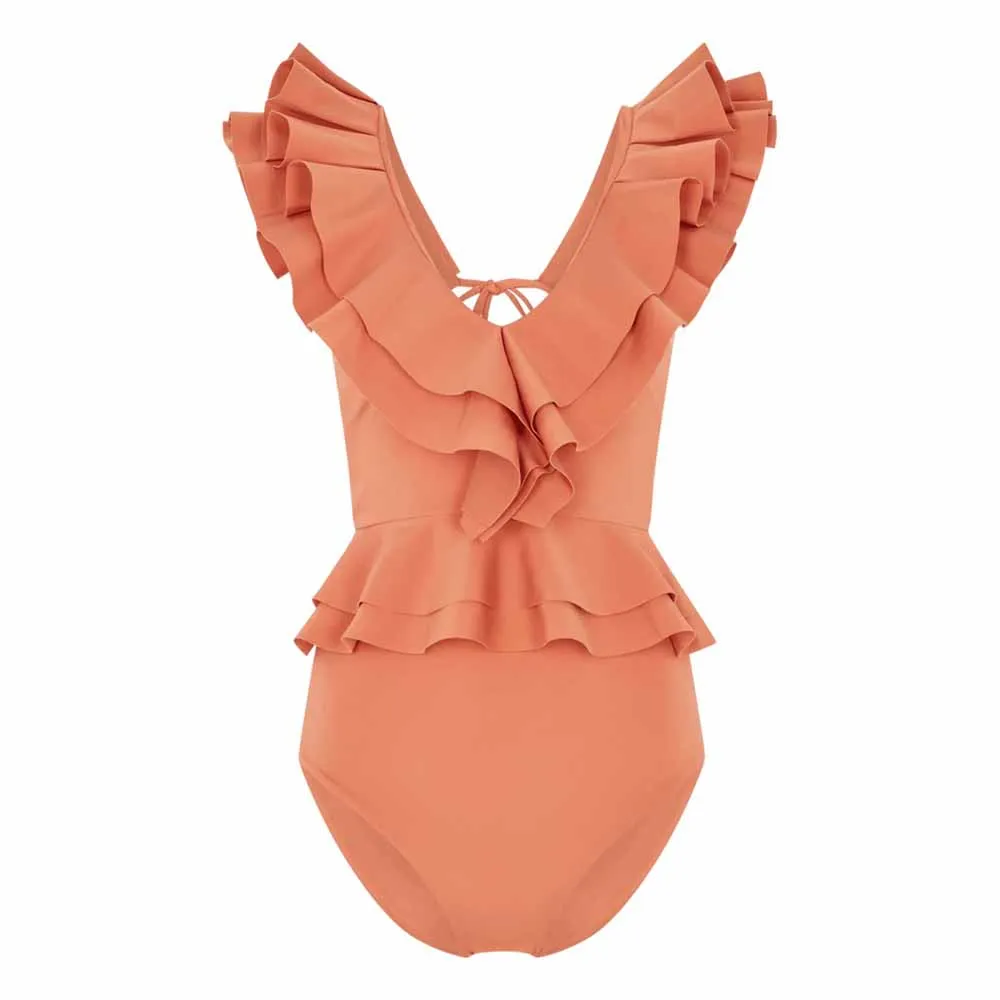 Vintage Ruffled Backless Split Swimsuit Women Summer Solid V Neck Beach Swimwear Hollow Out Sexy Bandage Bathing Suit Female