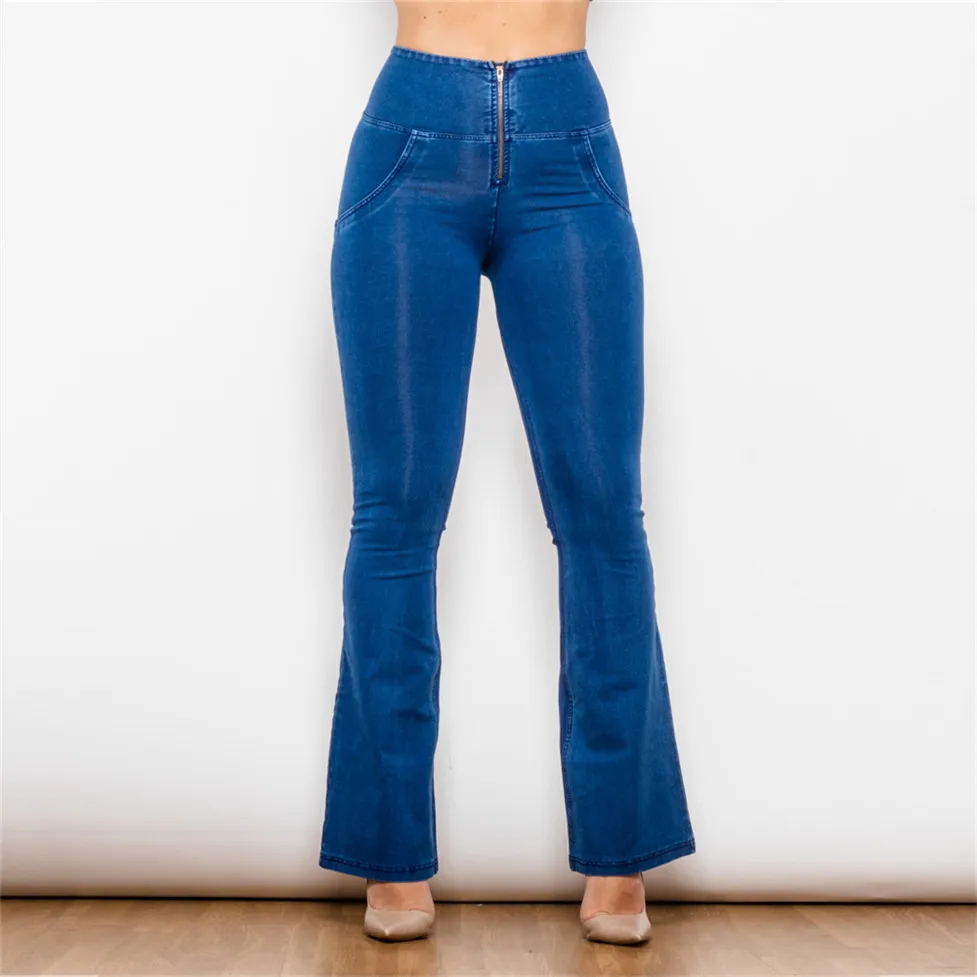 Shascullfites High Waist Flare Jeans Four Ways Stretchable Summer Denim Casual Solid Blue Flare Jeans Fashion